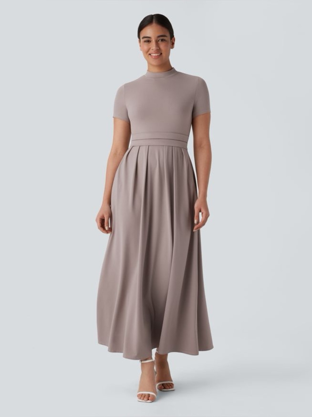HALARA stand collar short sleeve pocket maxi dress - Picture 2 of 7